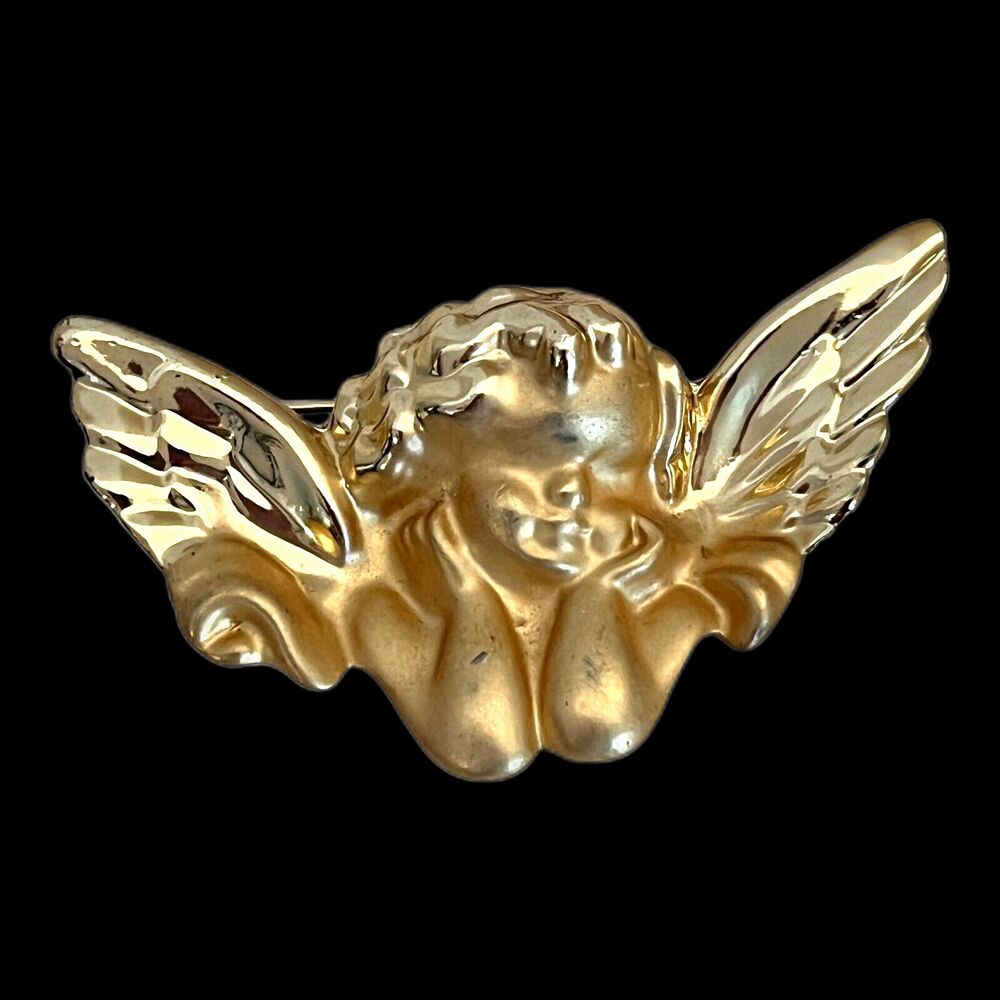 Vintage 1980s Cherub Brooch Pendant Gold Tone Art Nouveau Revival - 12S